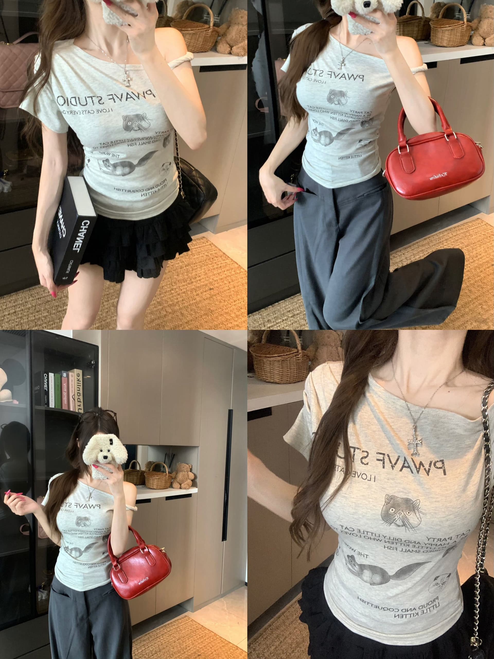 있음 선적 면 새끼 고양이 프린트 비스듬한 어깨 반팔 티셔츠 여성 여름 디자인 센스 불규칙 오프숄더 쇼트 스타일 맨위 상세 이미지 2