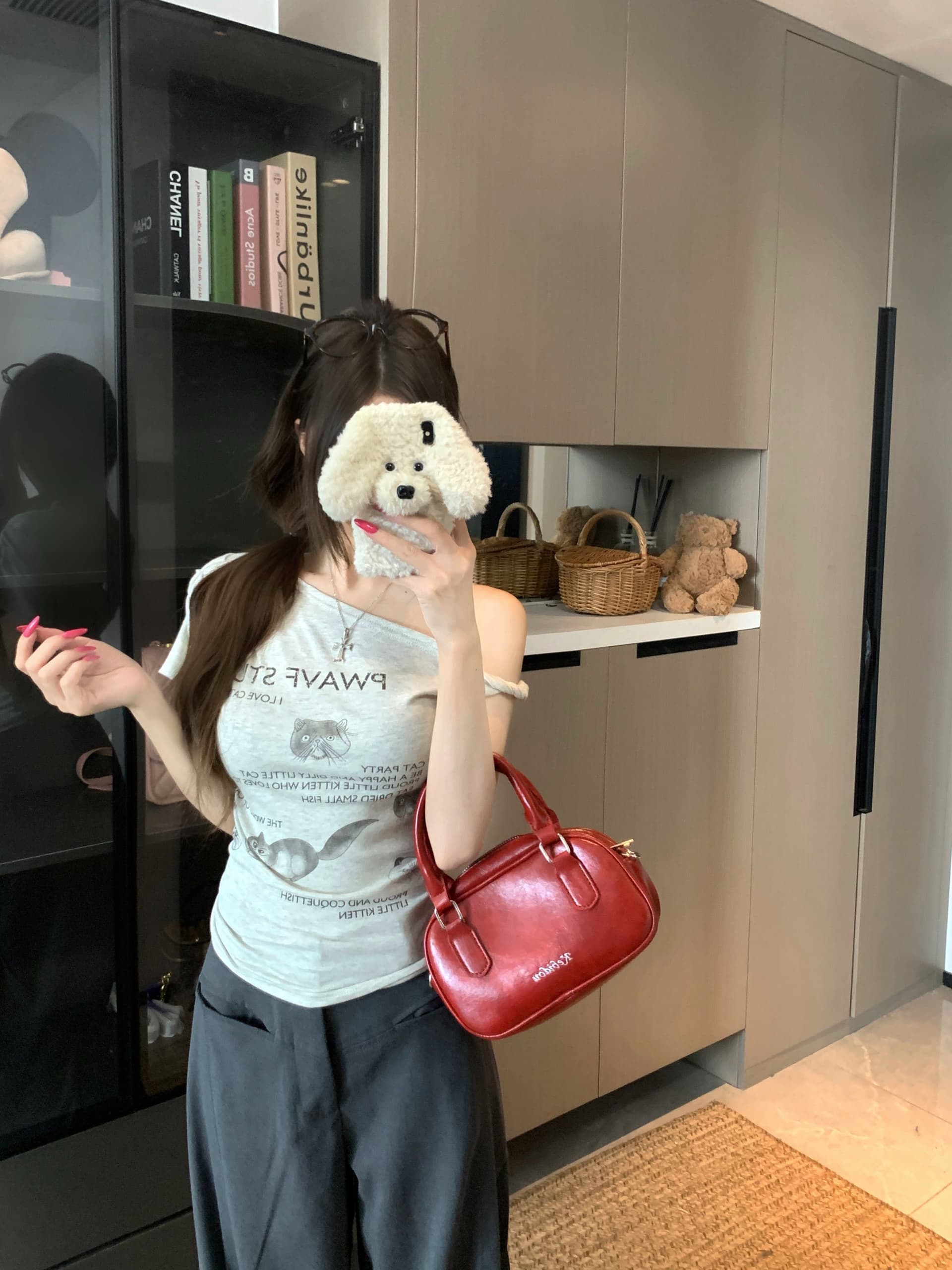 있음 선적 면 새끼 고양이 프린트 비스듬한 어깨 반팔 티셔츠 여성 여름 디자인 센스 불규칙 오프숄더 쇼트 스타일 맨위 상세 이미지 6