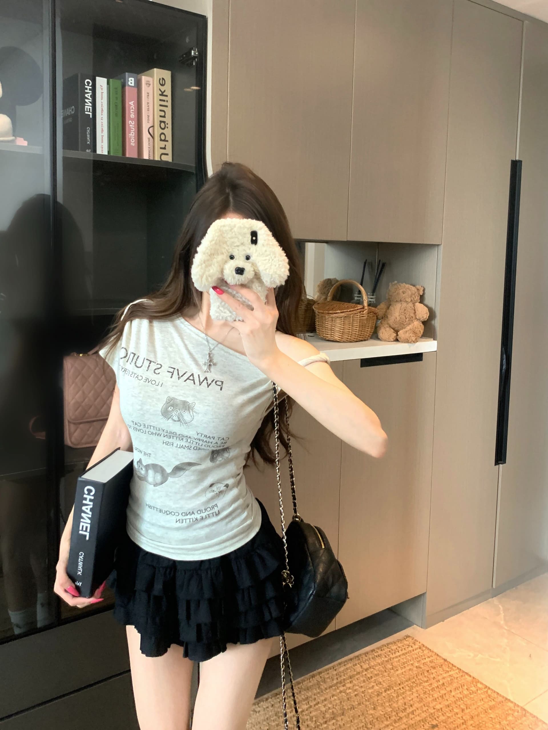 있음 선적 면 새끼 고양이 프린트 비스듬한 어깨 반팔 티셔츠 여성 여름 디자인 센스 불규칙 오프숄더 쇼트 스타일 맨위 상세 이미지 9