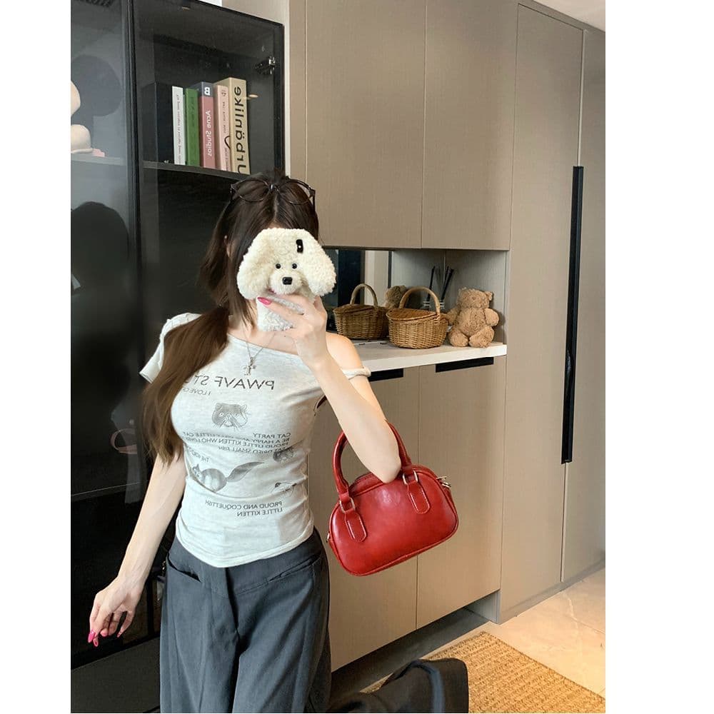 있음 선적 면 새끼 고양이 프린트 비스듬한 어깨 반팔 티셔츠 여성 여름 디자인 센스 불규칙 오프숄더 쇼트 스타일 맨위 상세 이미지 10