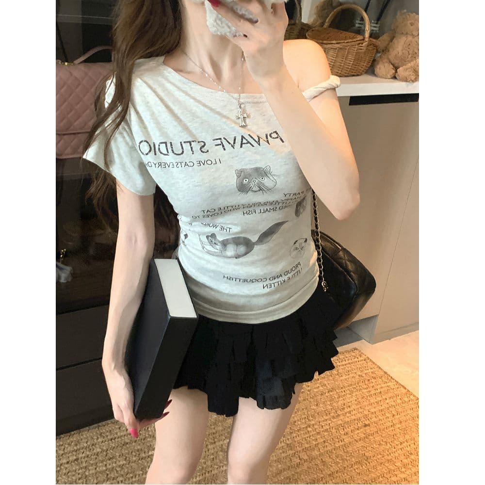 있음 선적 면 새끼 고양이 프린트 비스듬한 어깨 반팔 티셔츠 여성 여름 디자인 센스 불규칙 오프숄더 쇼트 스타일 맨위 상세 이미지 11