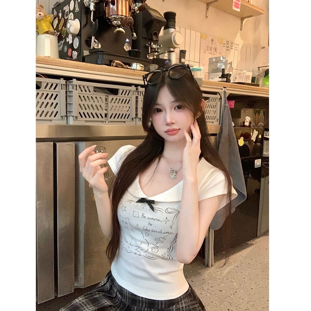 있음 선적 40 좋은 면 귀여운 새끼 고양이 긍정적 인 어깨 반팔 여성 여름 나비 매듭 달콤한 핫걸 쇼트 스타일 맨위 이미지 3