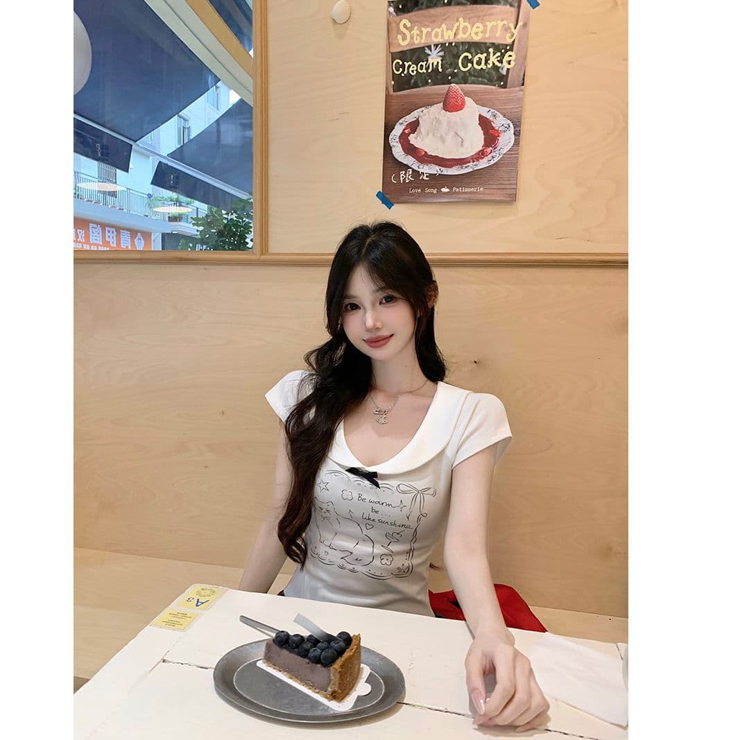 있음 선적 40 좋은 면 귀여운 새끼 고양이 긍정적 인 어깨 반팔 여성 여름 나비 매듭 달콤한 핫걸 쇼트 스타일 맨위 이미지 2