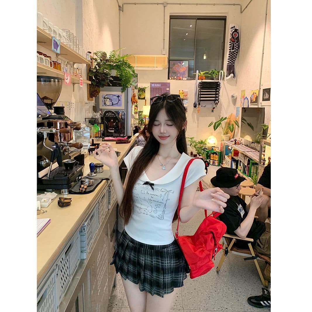 있음 선적 40 좋은 면 귀여운 새끼 고양이 긍정적 인 어깨 반팔 여성 여름 나비 매듭 달콤한 핫걸 쇼트 스타일 맨위 이미지 4