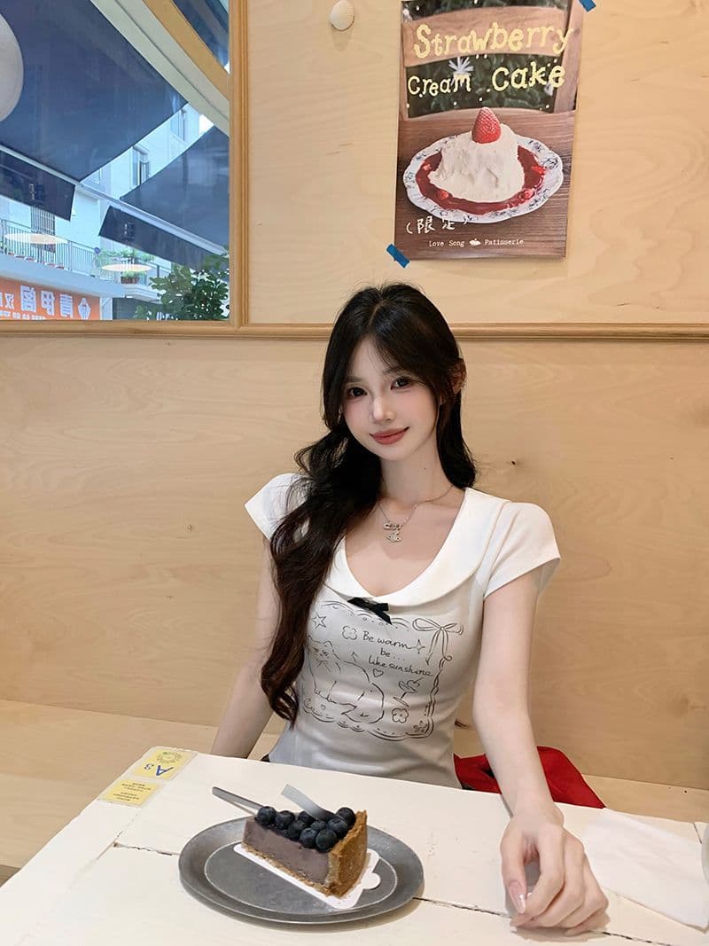 있음 선적 40 좋은 면 귀여운 새끼 고양이 긍정적 인 어깨 반팔 여성 여름 나비 매듭 달콤한 핫걸 쇼트 스타일 맨위 상세 이미지 2