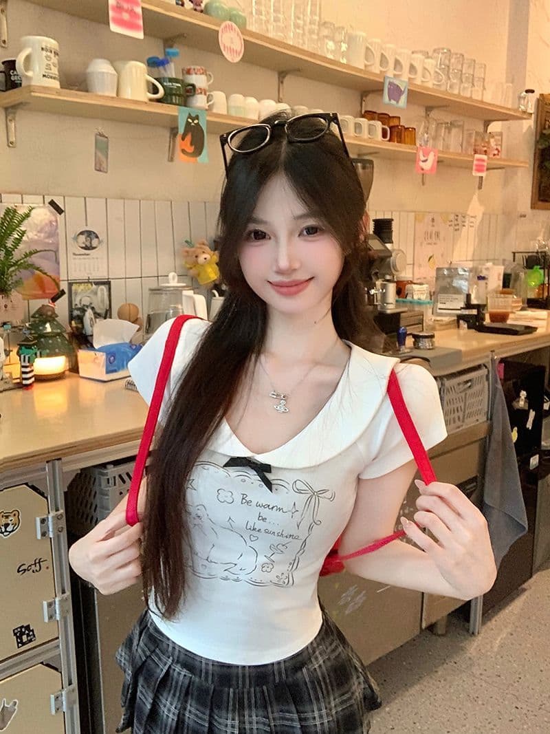 있음 선적 40 좋은 면 귀여운 새끼 고양이 긍정적 인 어깨 반팔 여성 여름 나비 매듭 달콤한 핫걸 쇼트 스타일 맨위 상세 이미지 5