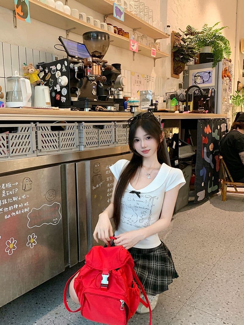 있음 선적 40 좋은 면 귀여운 새끼 고양이 긍정적 인 어깨 반팔 여성 여름 나비 매듭 달콤한 핫걸 쇼트 스타일 맨위 상세 이미지 6
