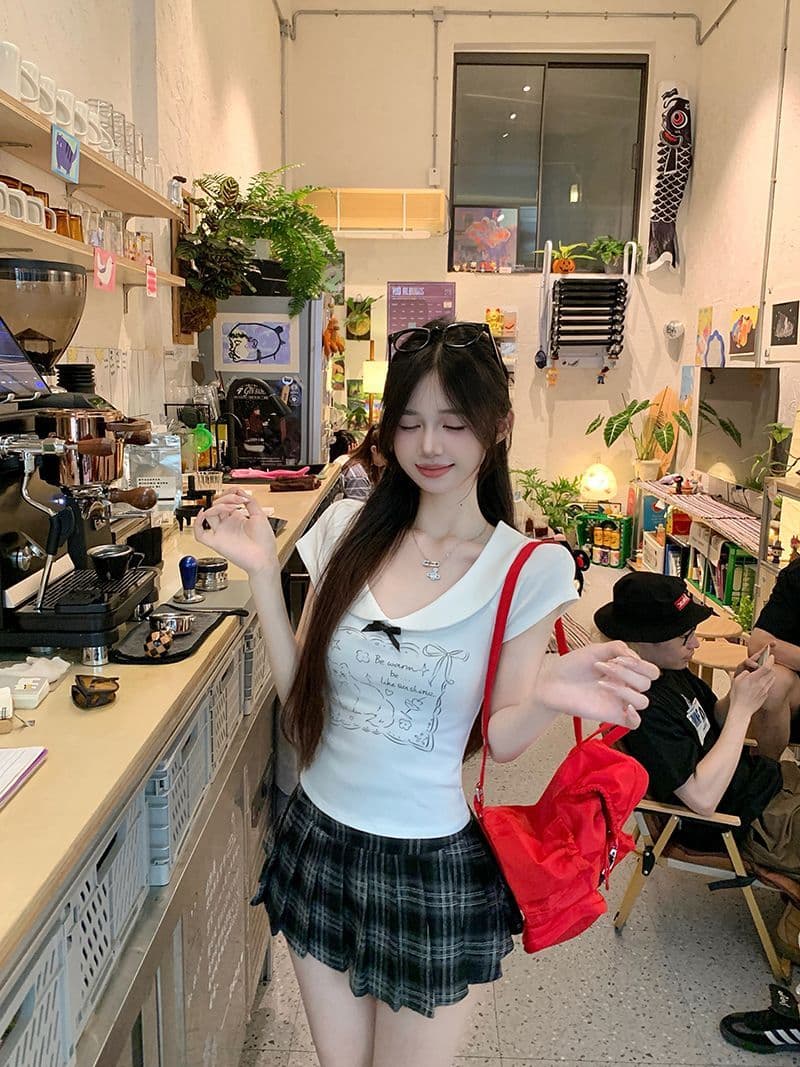 있음 선적 40 좋은 면 귀여운 새끼 고양이 긍정적 인 어깨 반팔 여성 여름 나비 매듭 달콤한 핫걸 쇼트 스타일 맨위 상세 이미지 7