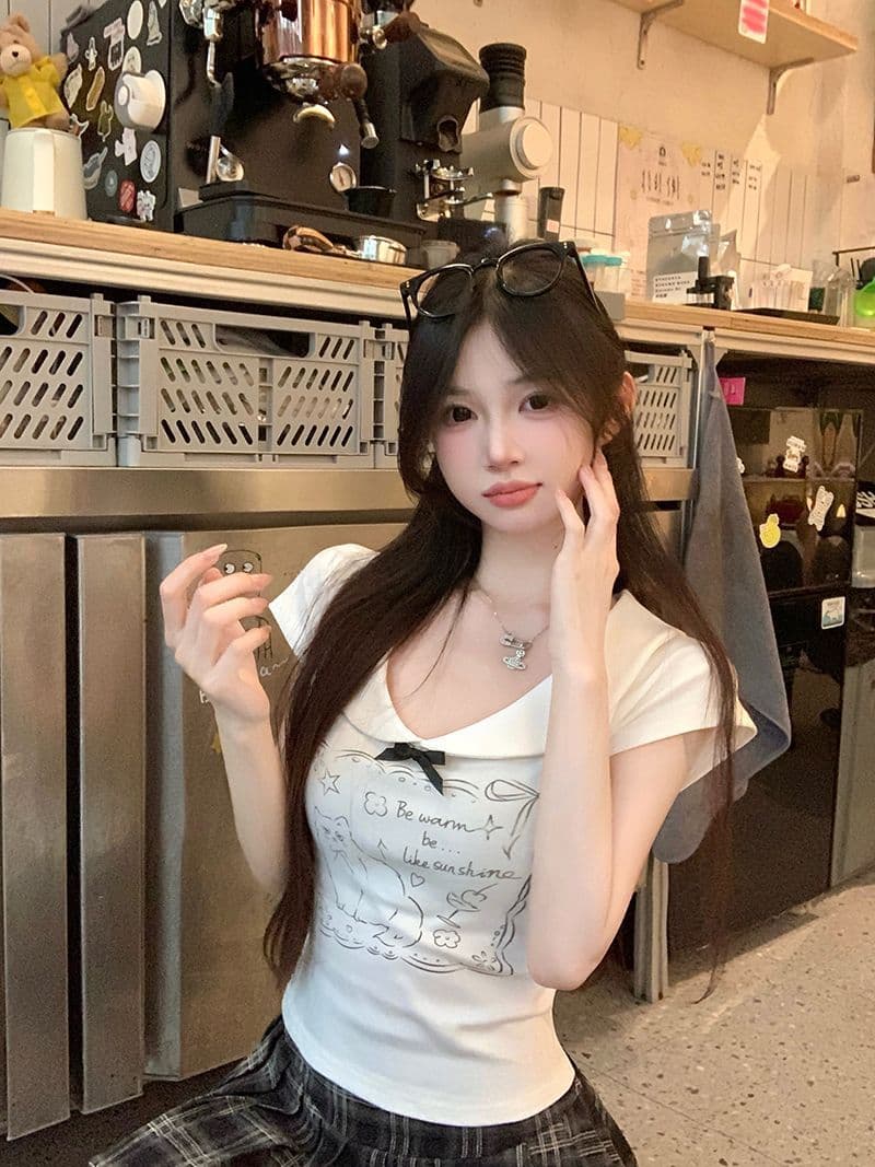 있음 선적 40 좋은 면 귀여운 새끼 고양이 긍정적 인 어깨 반팔 여성 여름 나비 매듭 달콤한 핫걸 쇼트 스타일 맨위 상세 이미지 8