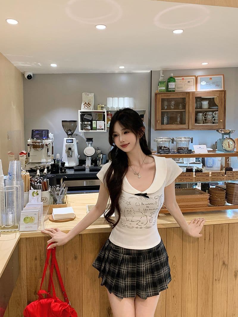 있음 선적 40 좋은 면 귀여운 새끼 고양이 긍정적 인 어깨 반팔 여성 여름 나비 매듭 달콤한 핫걸 쇼트 스타일 맨위 상세 이미지 9