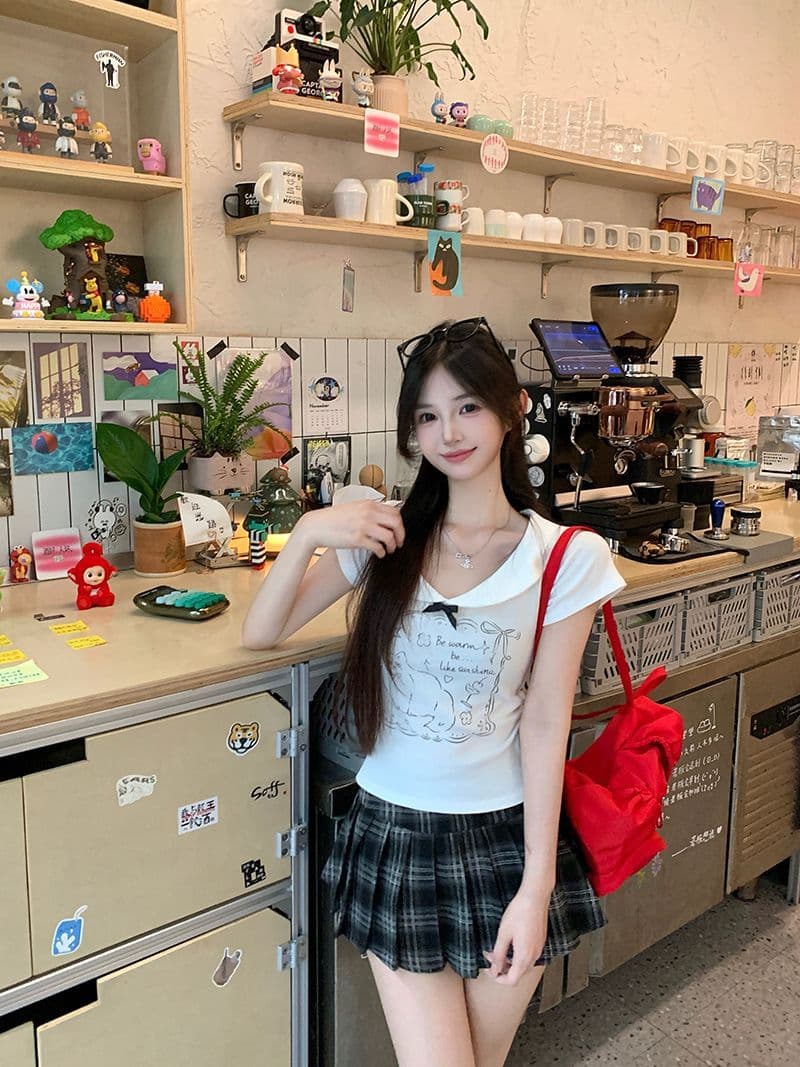 있음 선적 40 좋은 면 귀여운 새끼 고양이 긍정적 인 어깨 반팔 여성 여름 나비 매듭 달콤한 핫걸 쇼트 스타일 맨위 상세 이미지 10