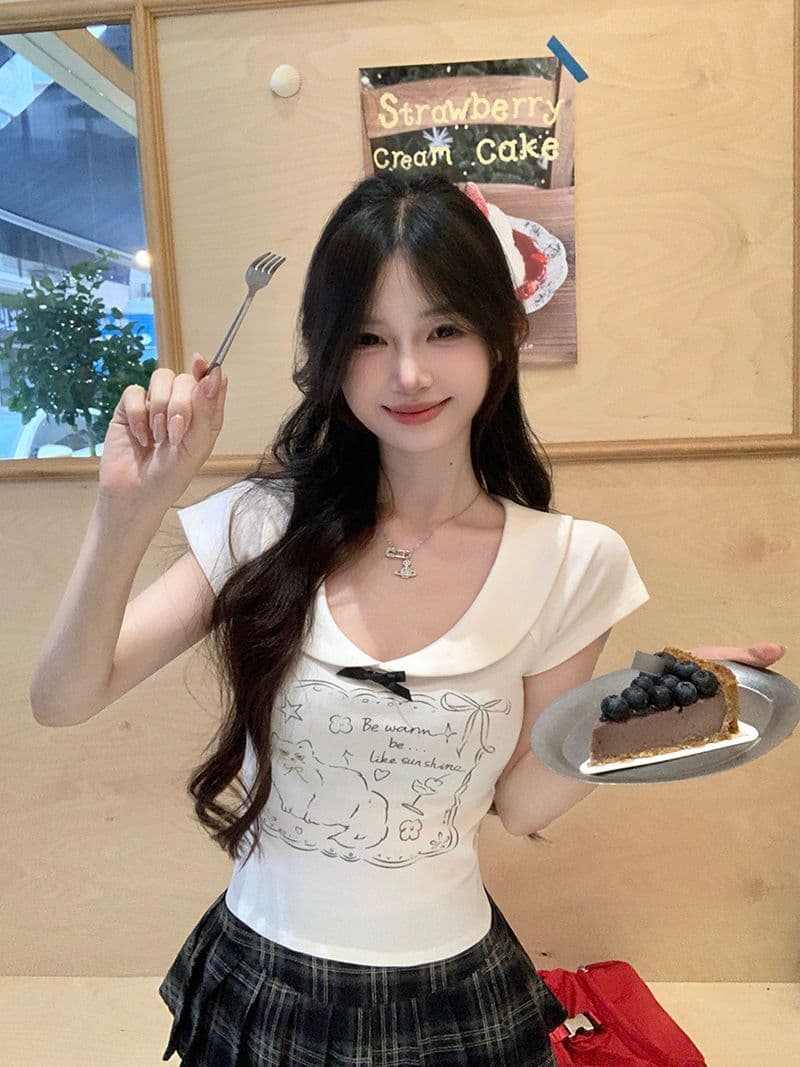 있음 선적 40 좋은 면 귀여운 새끼 고양이 긍정적 인 어깨 반팔 여성 여름 나비 매듭 달콤한 핫걸 쇼트 스타일 맨위 상세 이미지 11