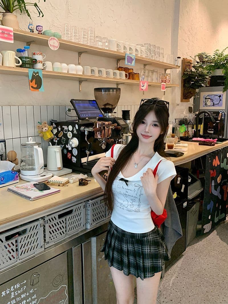 있음 선적 40 좋은 면 귀여운 새끼 고양이 긍정적 인 어깨 반팔 여성 여름 나비 매듭 달콤한 핫걸 쇼트 스타일 맨위 상세 이미지 12