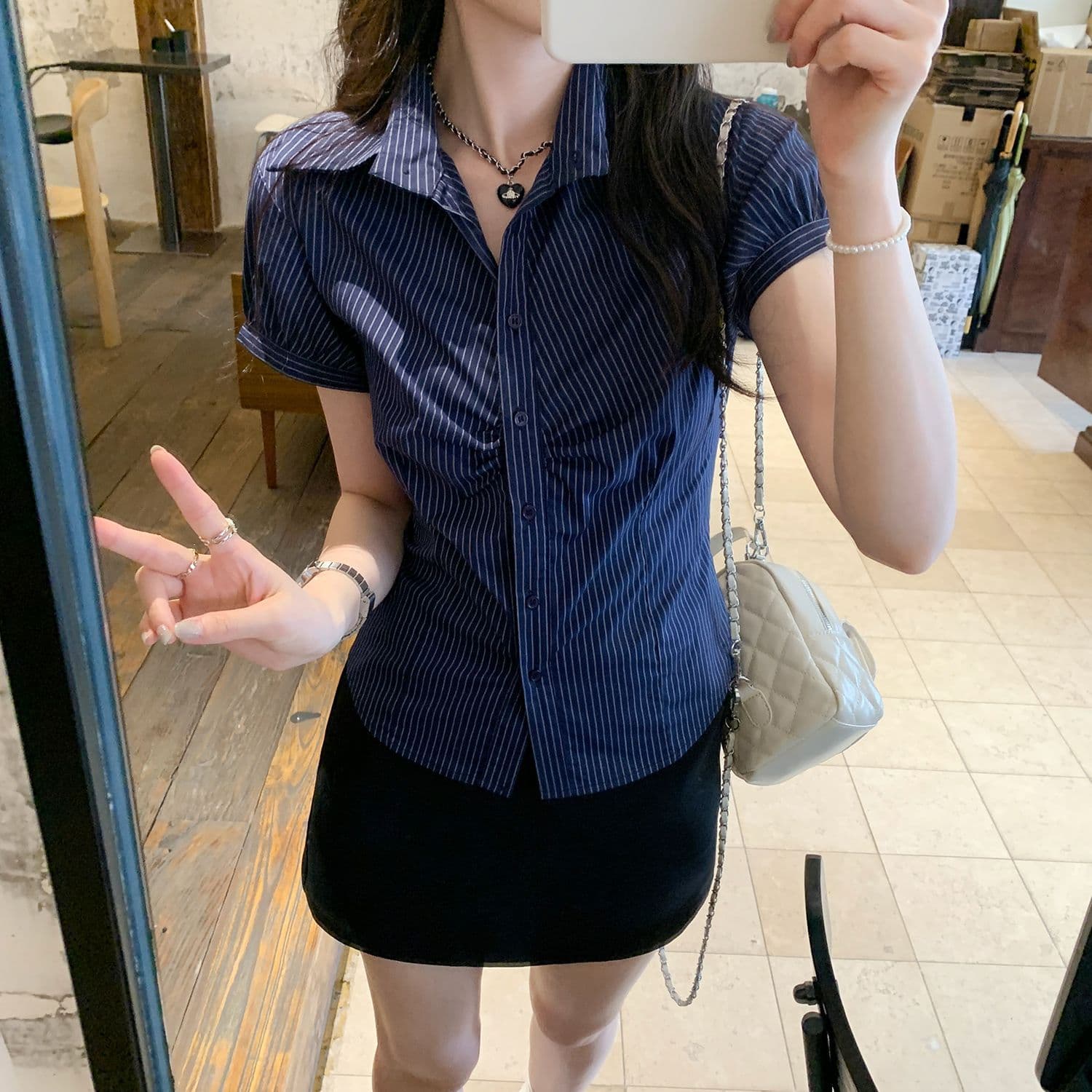 있음 선적 원본 컬러 짜임 기사 여름 POLO 칼라 해군 스트라이프 몸매 가꾸기 반팔 여성 셔츠 꼬집기 허리 위로 의류 이미지 2