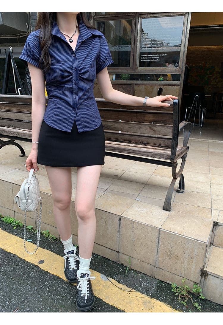 있음 선적 원본 컬러 짜임 기사 여름 POLO 칼라 해군 스트라이프 몸매 가꾸기 반팔 여성 셔츠 꼬집기 허리 위로 의류 상세 이미지 4