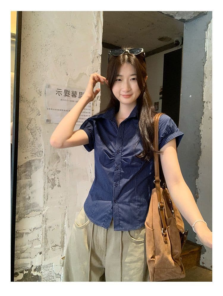 있음 선적 원본 컬러 짜임 기사 여름 POLO 칼라 해군 스트라이프 몸매 가꾸기 반팔 여성 셔츠 꼬집기 허리 위로 의류 상세 이미지 8