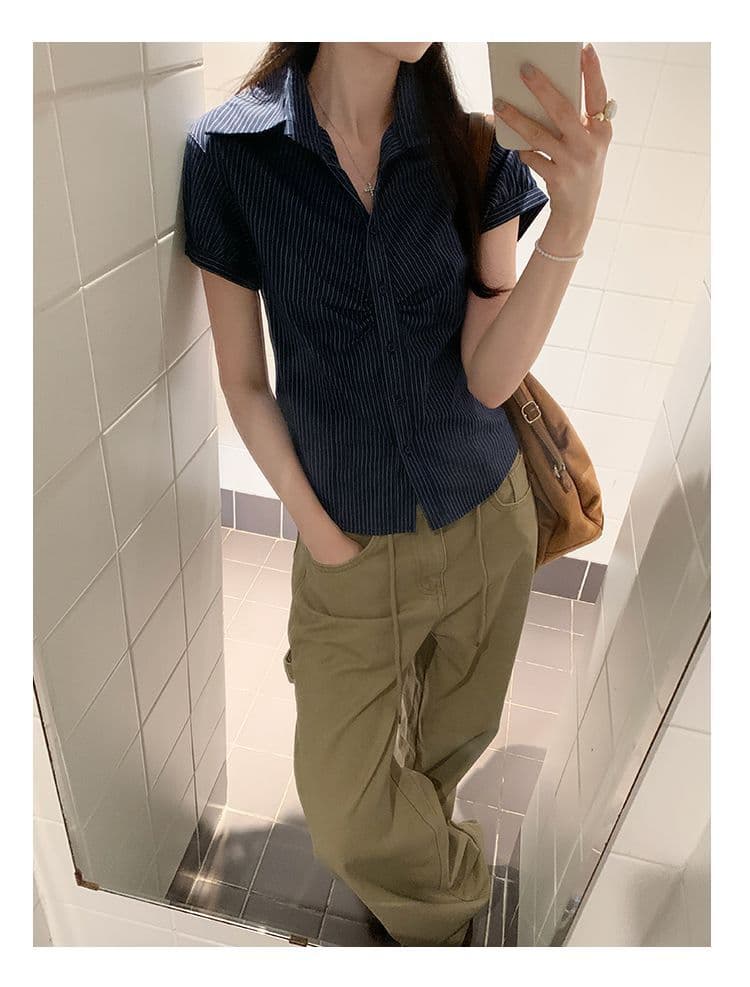 있음 선적 원본 컬러 짜임 기사 여름 POLO 칼라 해군 스트라이프 몸매 가꾸기 반팔 여성 셔츠 꼬집기 허리 위로 의류 상세 이미지 10