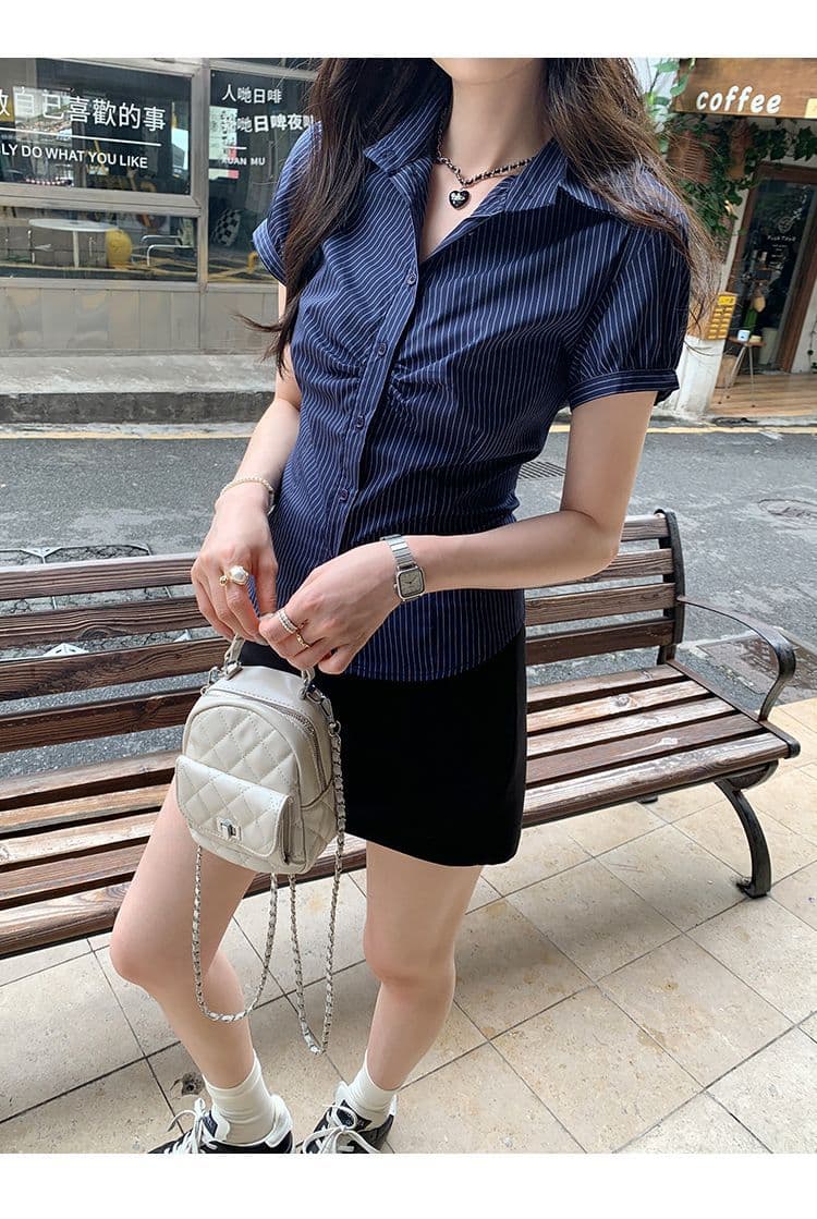 있음 선적 원본 컬러 짜임 기사 여름 POLO 칼라 해군 스트라이프 몸매 가꾸기 반팔 여성 셔츠 꼬집기 허리 위로 의류 상세 이미지 11