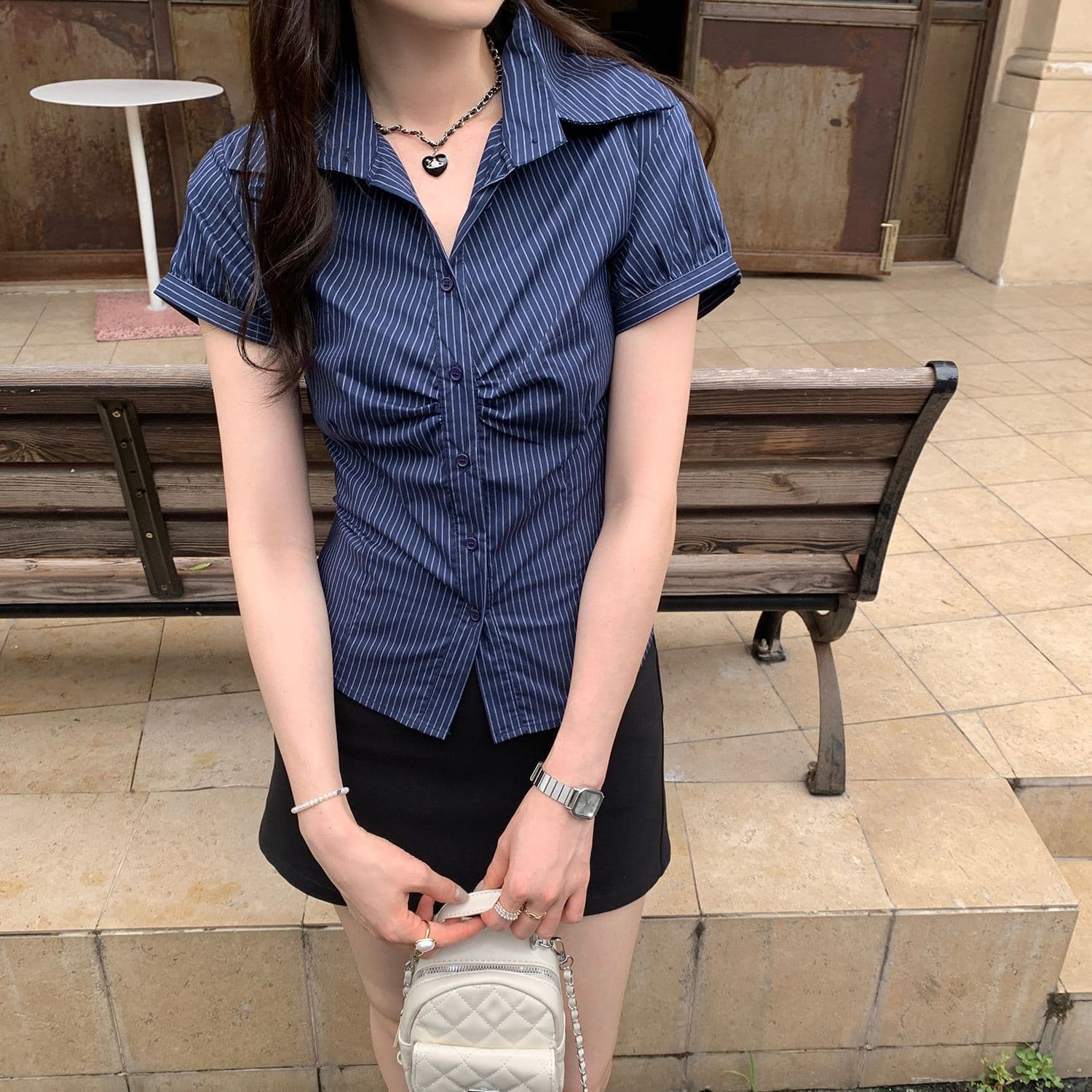 있음 선적 원본 컬러 짜임 기사 여름 POLO 칼라 해군 스트라이프 몸매 가꾸기 반팔 여성 셔츠 꼬집기 허리 위로 의류 상세 이미지 13