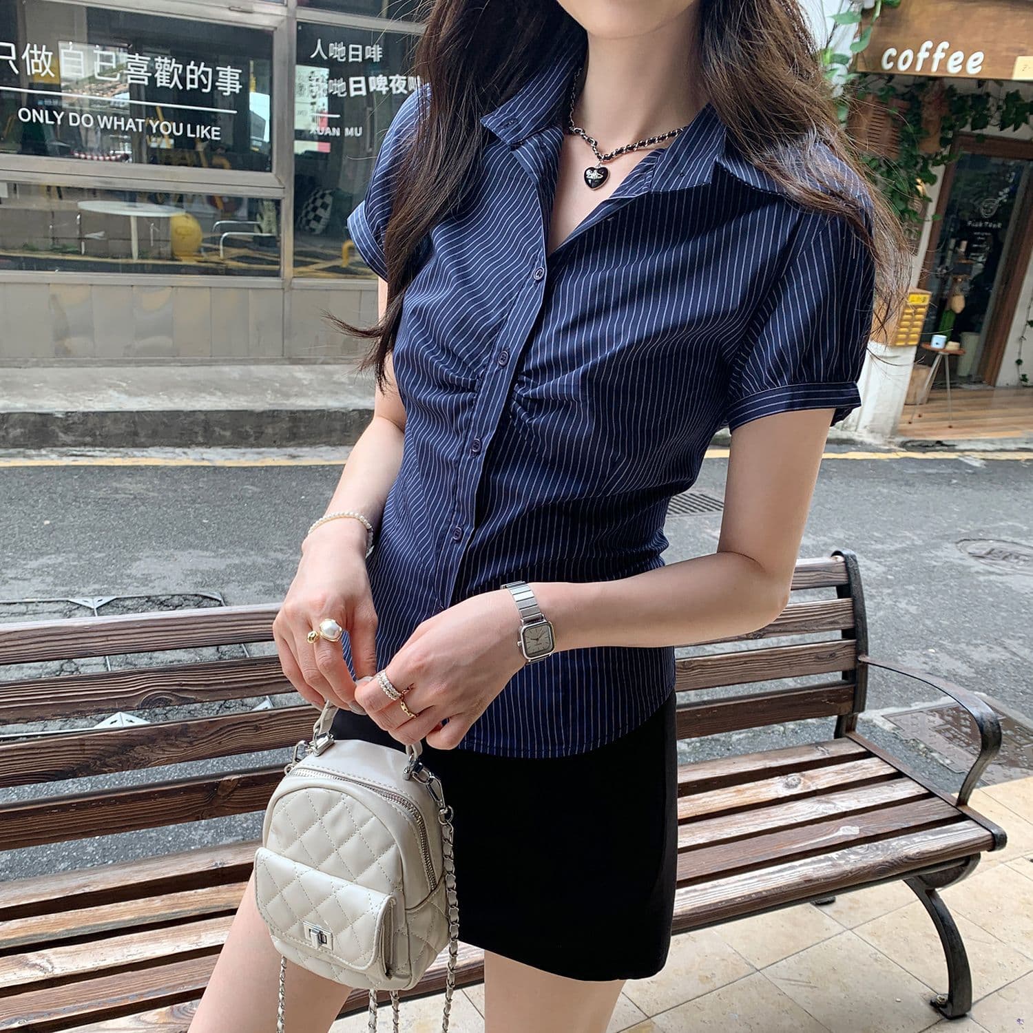 있음 선적 원본 컬러 짜임 기사 여름 POLO 칼라 해군 스트라이프 몸매 가꾸기 반팔 여성 셔츠 꼬집기 허리 위로 의류 상세 이미지 15
