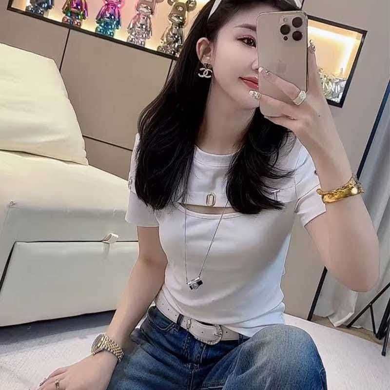 있음 선적 40 순면 1 1 슬림해 보이는 패션 다용도 라운드 넥 맨위 홀로우 아웃 몸매 가꾸기 알파벳 반팔 여성 티셔츠