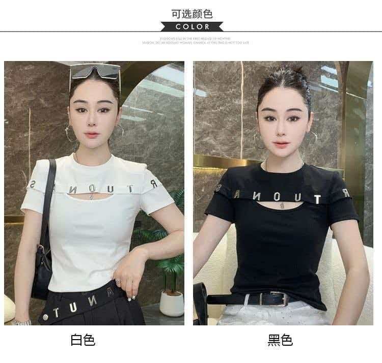 있음 선적 40 순면 1 1 슬림해 보이는 패션 다용도 라운드 넥 맨위 홀로우 아웃 몸매 가꾸기 알파벳 반팔 여성 티셔츠 상세 이미지 3