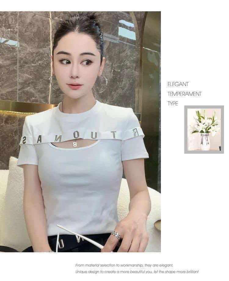 있음 선적 40 순면 1 1 슬림해 보이는 패션 다용도 라운드 넥 맨위 홀로우 아웃 몸매 가꾸기 알파벳 반팔 여성 티셔츠 상세 이미지 4