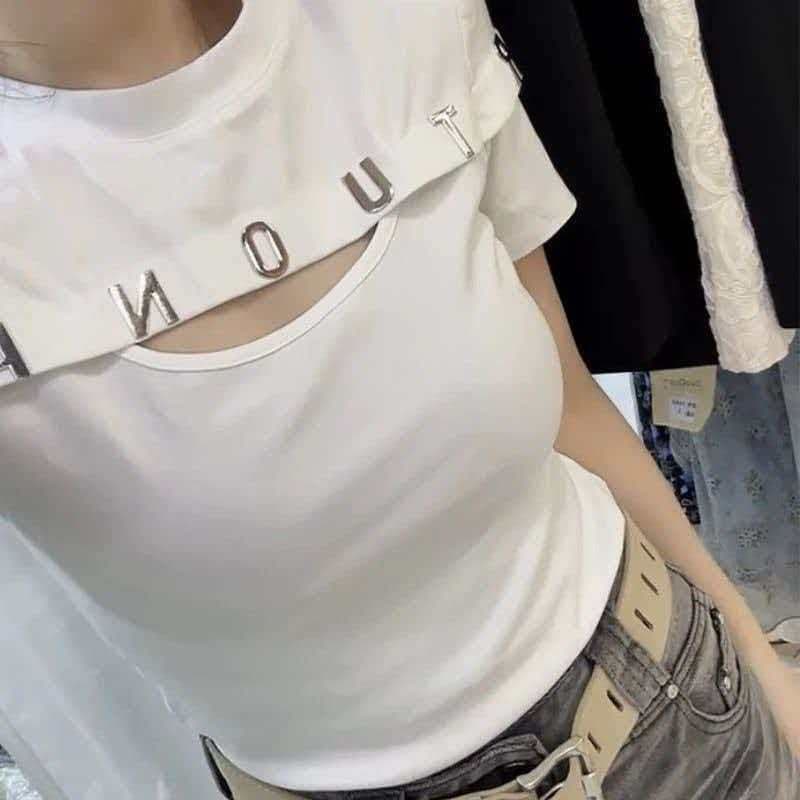 있음 선적 40 순면 1 1 슬림해 보이는 패션 다용도 라운드 넥 맨위 홀로우 아웃 몸매 가꾸기 알파벳 반팔 여성 티셔츠 상세 이미지 12