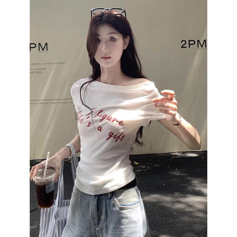 있음 선적 원본 대외 무역 40 면 보트넥 화이트 반팔 몸매 가꾸기 티셔츠 여성 여름 알파벳 맨위