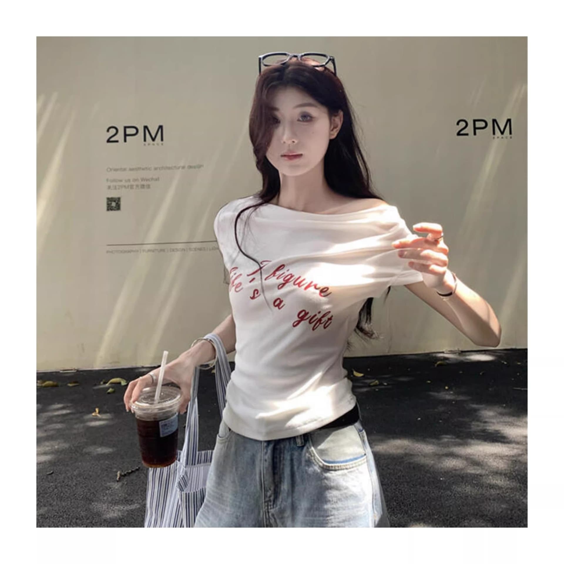 있음 선적 원본 대외 무역 40 면 보트넥 화이트 반팔 몸매 가꾸기 티셔츠 여성 여름 알파벳 맨위 상세 이미지 4