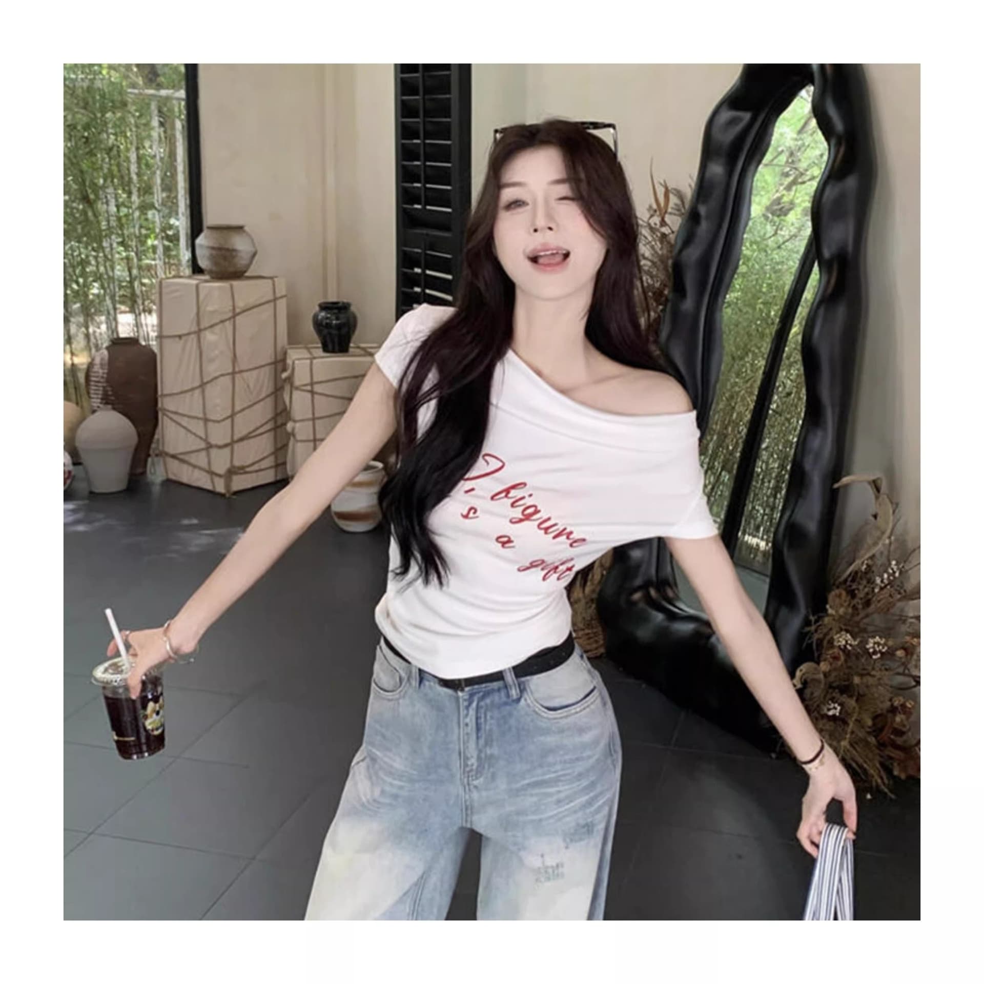 있음 선적 원본 대외 무역 40 면 보트넥 화이트 반팔 몸매 가꾸기 티셔츠 여성 여름 알파벳 맨위 상세 이미지 5