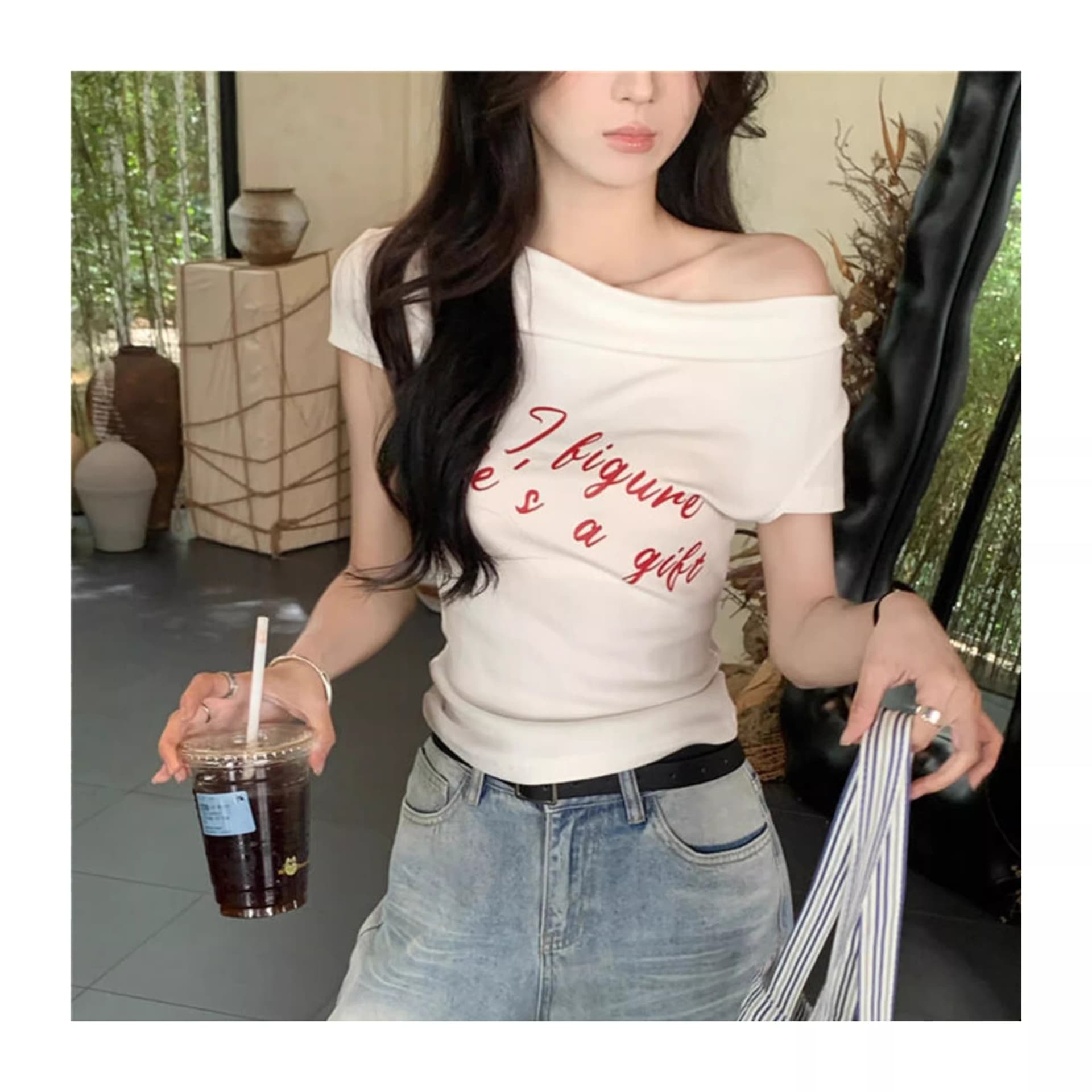 있음 선적 원본 대외 무역 40 면 보트넥 화이트 반팔 몸매 가꾸기 티셔츠 여성 여름 알파벳 맨위 상세 이미지 7