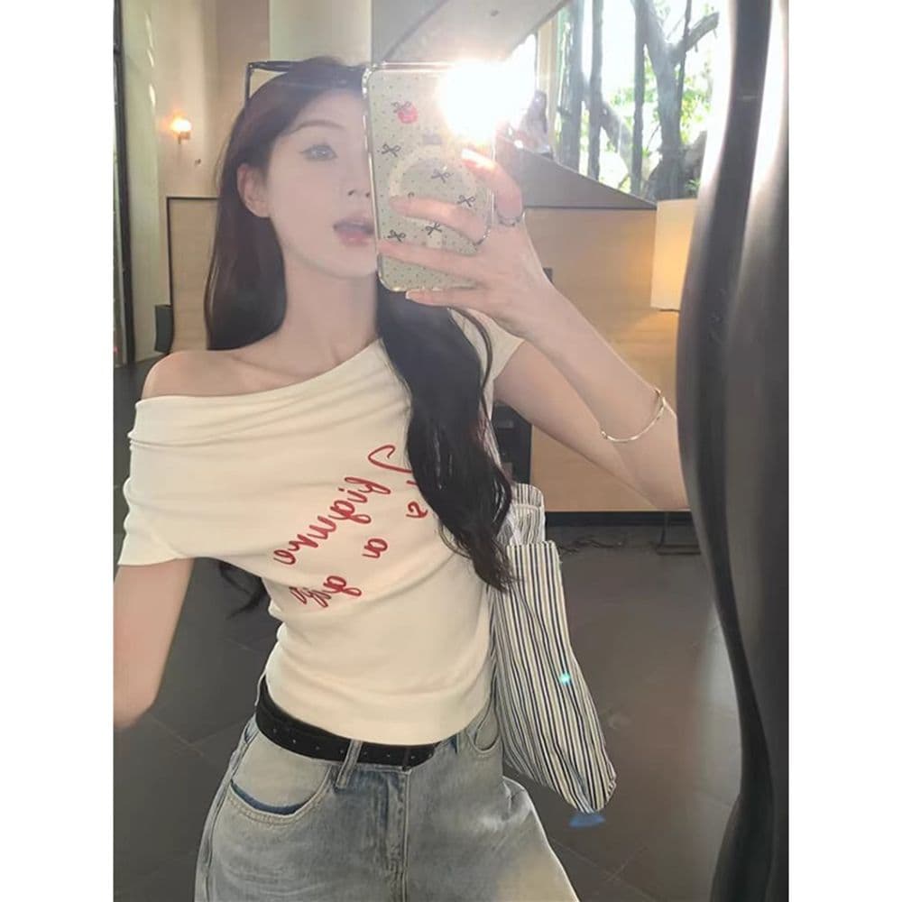 있음 선적 원본 대외 무역 40 면 보트넥 화이트 반팔 몸매 가꾸기 티셔츠 여성 여름 알파벳 맨위 상세 이미지 14