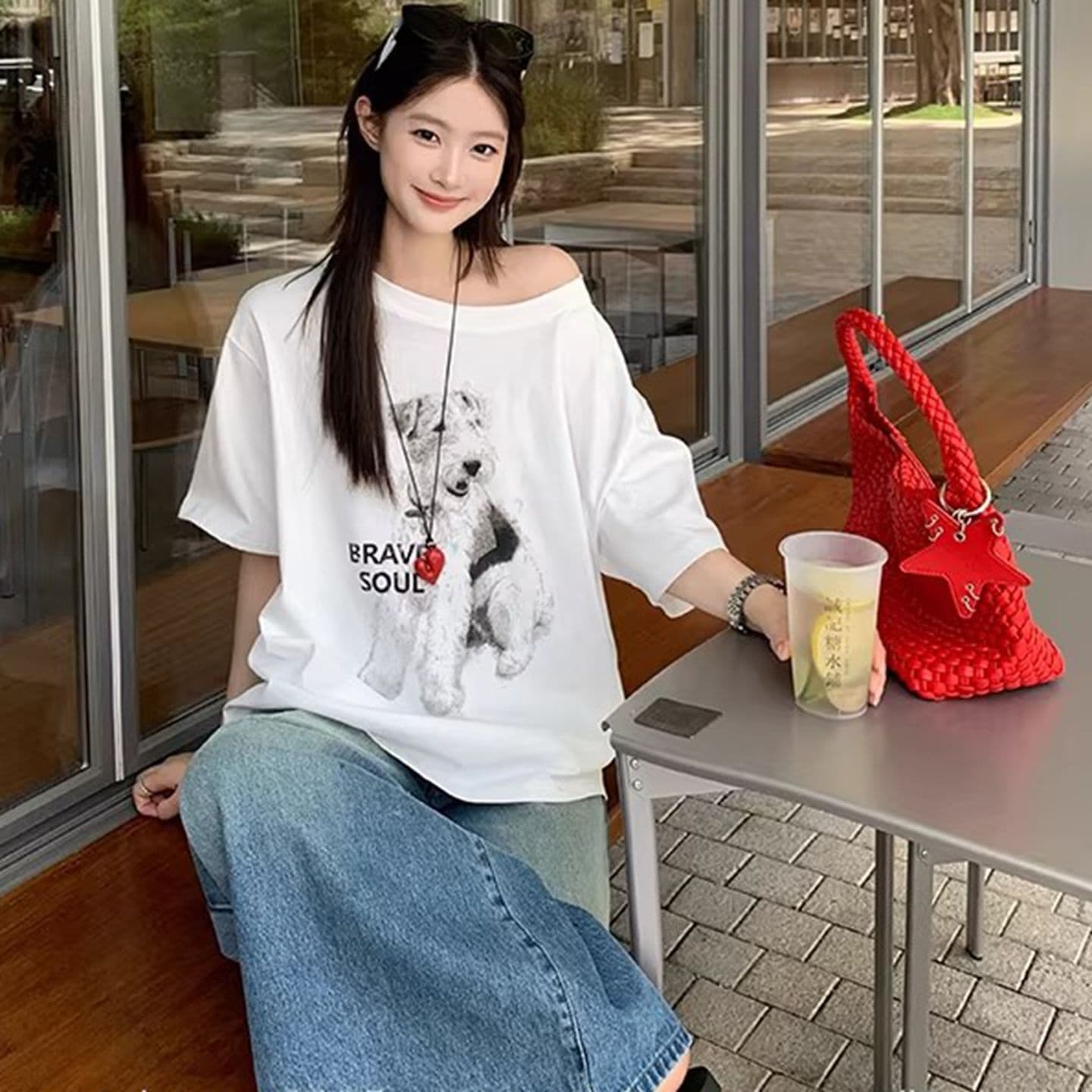 있음 선적 대외 무역 원본 품질 한국 스타일 캐주얼 비스듬한 어깨 반팔 강아지 프린트 티셔츠 여성 슬림해 보이는 맨위 이미지 4