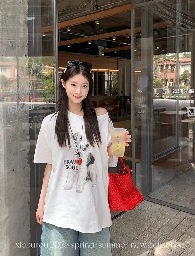 있음 선적 대외 무역 원본 품질 한국 스타일 캐주얼 비스듬한 어깨 반팔 강아지 프린트 티셔츠 여성 슬림해 보이는 맨위 상세 이미지 8