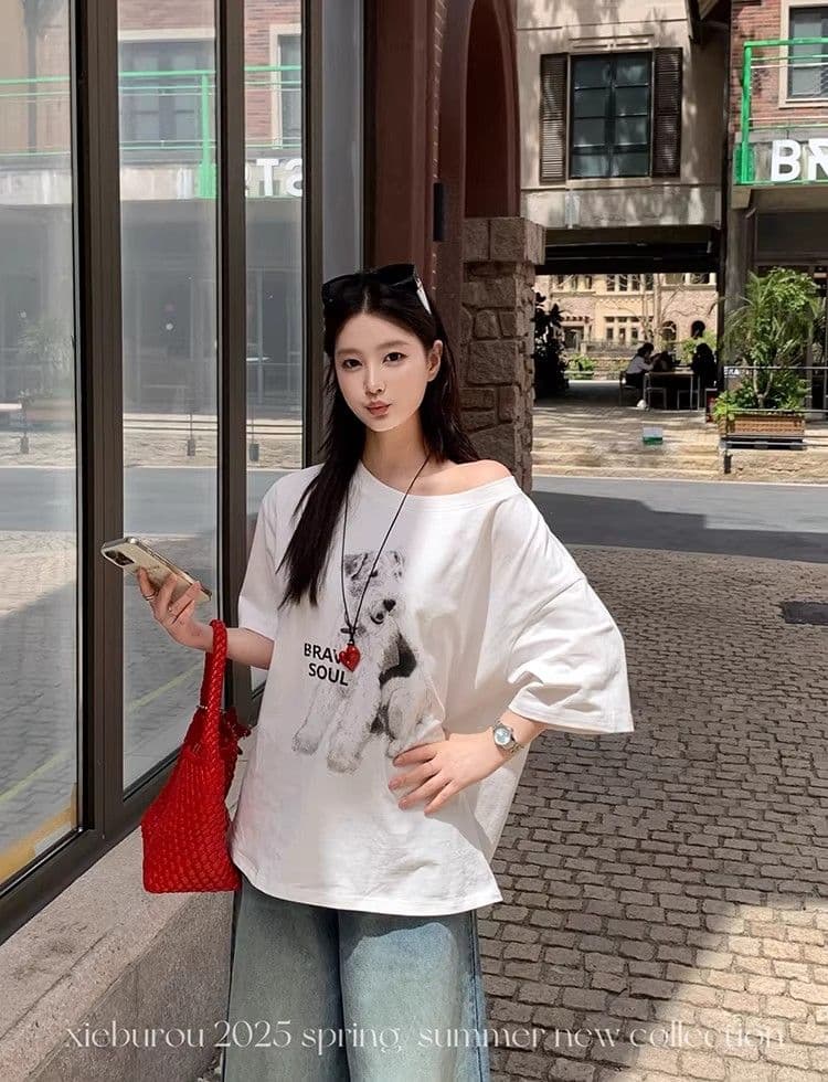 있음 선적 대외 무역 원본 품질 한국 스타일 캐주얼 비스듬한 어깨 반팔 강아지 프린트 티셔츠 여성 슬림해 보이는 맨위 상세 이미지 9