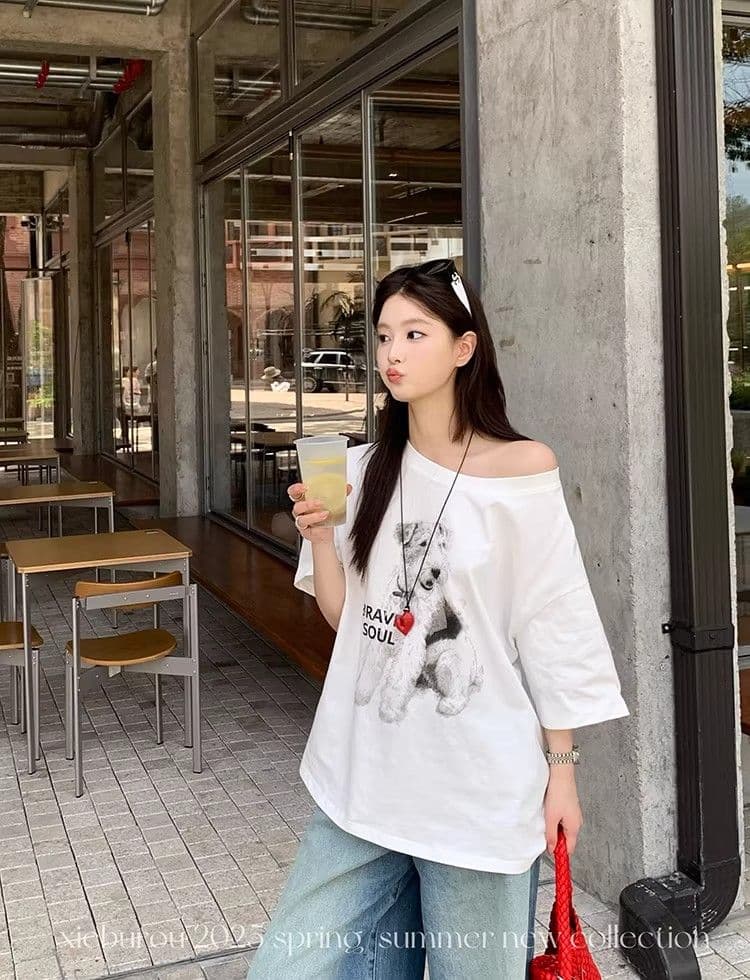 있음 선적 대외 무역 원본 품질 한국 스타일 캐주얼 비스듬한 어깨 반팔 강아지 프린트 티셔츠 여성 슬림해 보이는 맨위 상세 이미지 10