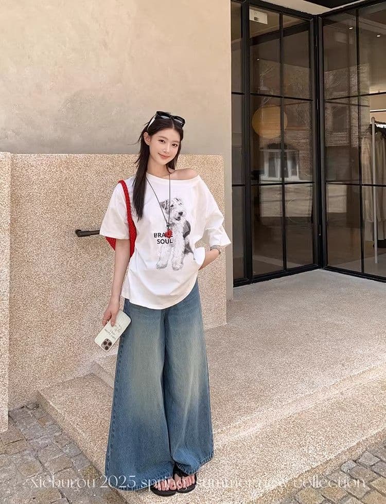 있음 선적 대외 무역 원본 품질 한국 스타일 캐주얼 비스듬한 어깨 반팔 강아지 프린트 티셔츠 여성 슬림해 보이는 맨위 상세 이미지 13