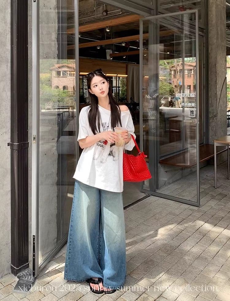 있음 선적 대외 무역 원본 품질 한국 스타일 캐주얼 비스듬한 어깨 반팔 강아지 프린트 티셔츠 여성 슬림해 보이는 맨위 상세 이미지 15