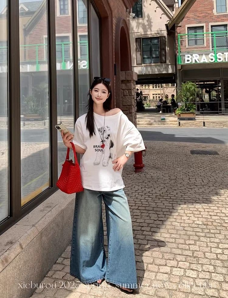 있음 선적 대외 무역 원본 품질 한국 스타일 캐주얼 비스듬한 어깨 반팔 강아지 프린트 티셔츠 여성 슬림해 보이는 맨위 상세 이미지 16