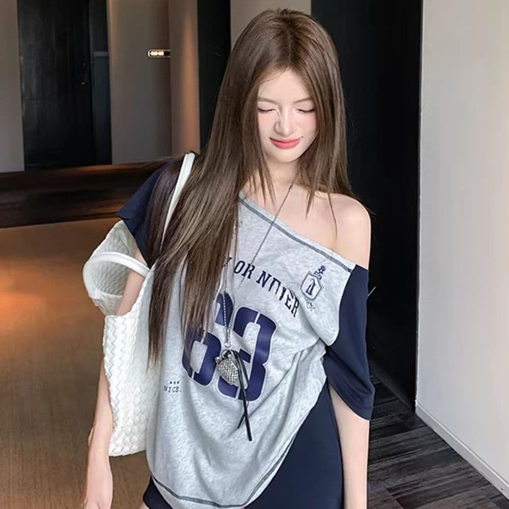 있음 선적 경관 그림 원본 것 여름 삽입 어깨 소매 아메리칸 루즈핏 비스듬한 어깨 운동 반팔 티셔츠
