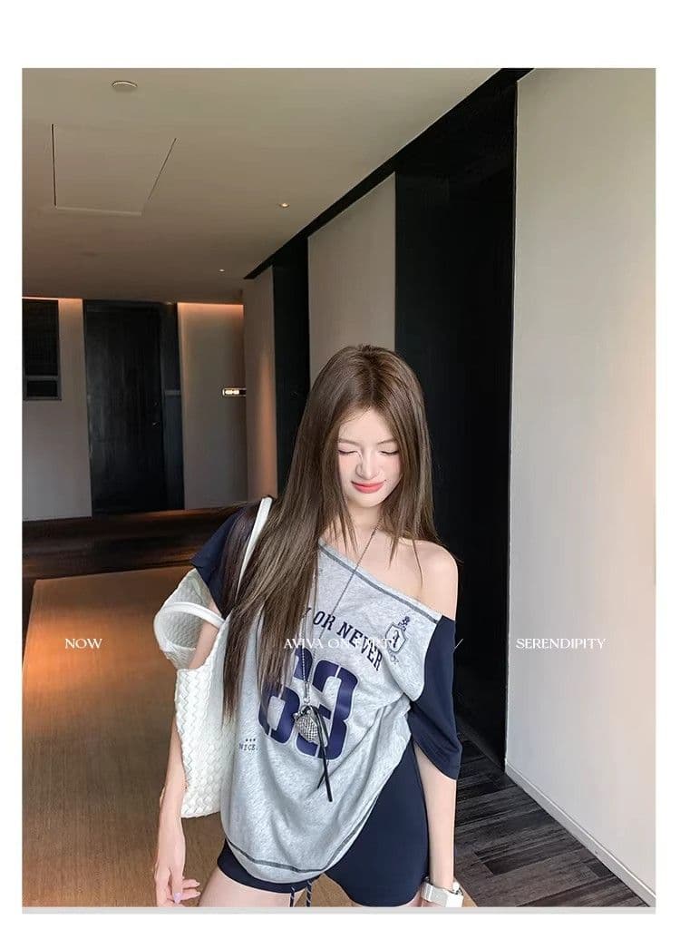있음 선적 경관 그림 원본 것 여름 삽입 어깨 소매 아메리칸 루즈핏 비스듬한 어깨 운동 반팔 티셔츠 상세 이미지 12