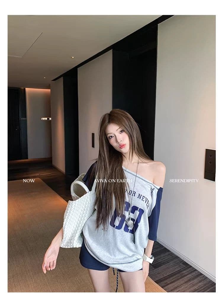 있음 선적 경관 그림 원본 것 여름 삽입 어깨 소매 아메리칸 루즈핏 비스듬한 어깨 운동 반팔 티셔츠 상세 이미지 15