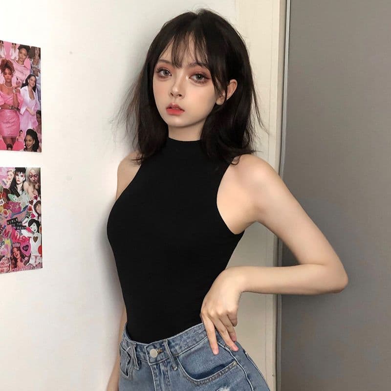있음 선적 반하이넥 몸매 가꾸기 신축성 민소매 심지어 가랑이 조끼 여성 유럽과 미국 여름 새로운 올인원 의류 만나는 맨위
