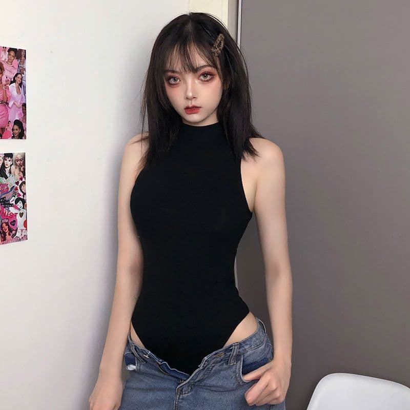 있음 선적 반하이넥 몸매 가꾸기 신축성 민소매 심지어 가랑이 조끼 여성 유럽과 미국 여름 새로운 올인원 의류 만나는 맨위 상세 이미지 3