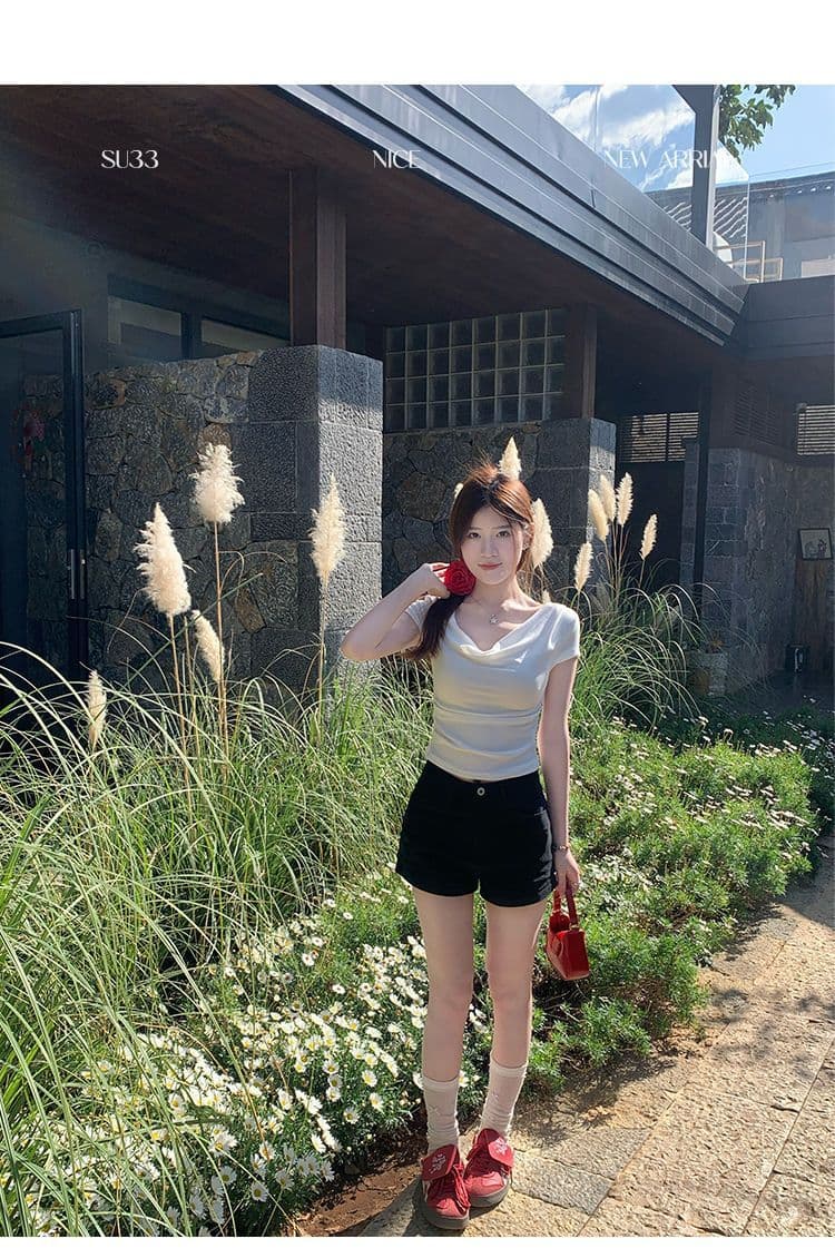 있음 선적 반팔 티셔츠 여성 한국 스타일 흔들다 칼라 새로운 몸매 가꾸기 순수한 욕망 바람 오프숄더 다용도 미니멀리즘 외출용 맨위 상세 이미지 7