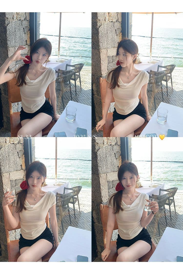 있음 선적 반팔 티셔츠 여성 한국 스타일 흔들다 칼라 새로운 몸매 가꾸기 순수한 욕망 바람 오프숄더 다용도 미니멀리즘 외출용 맨위 상세 이미지 9