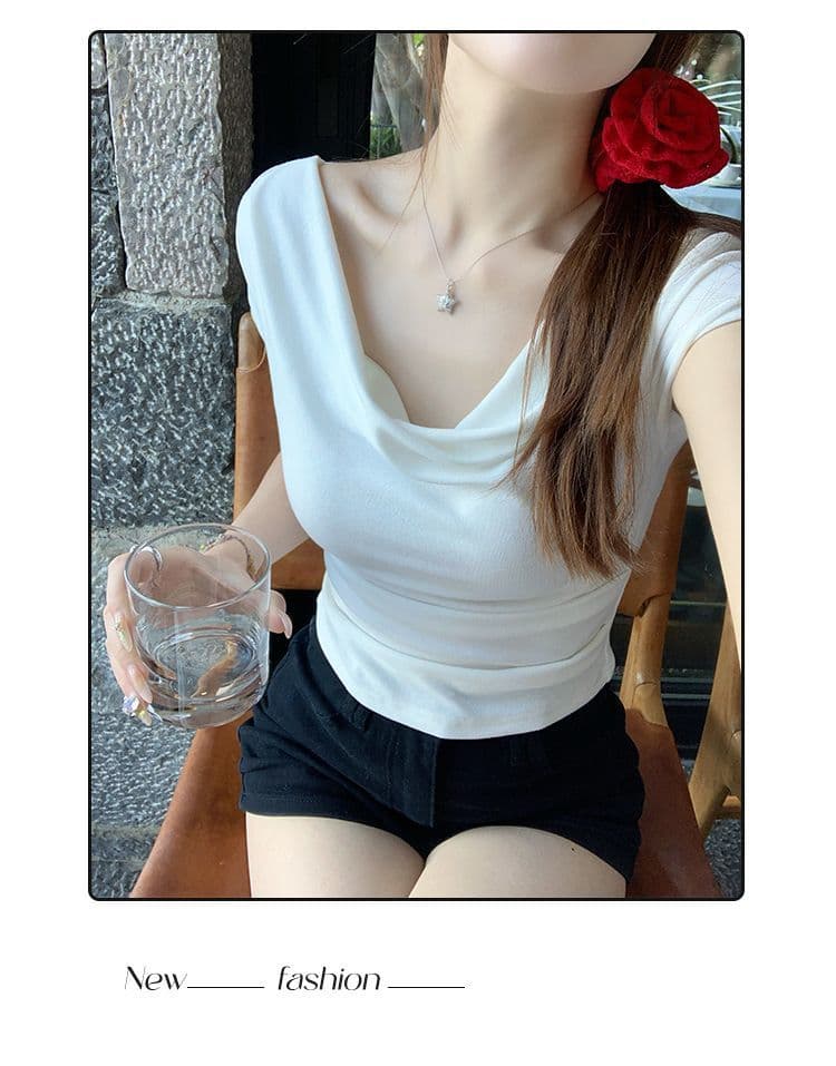 있음 선적 반팔 티셔츠 여성 한국 스타일 흔들다 칼라 새로운 몸매 가꾸기 순수한 욕망 바람 오프숄더 다용도 미니멀리즘 외출용 맨위 상세 이미지 10