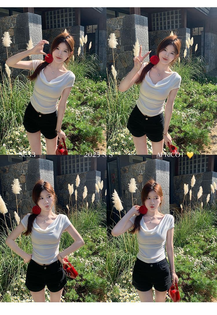 있음 선적 반팔 티셔츠 여성 한국 스타일 흔들다 칼라 새로운 몸매 가꾸기 순수한 욕망 바람 오프숄더 다용도 미니멀리즘 외출용 맨위 상세 이미지 11