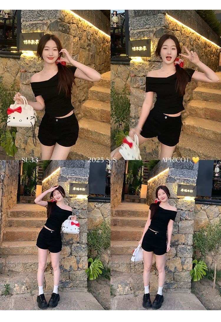있음 선적 반팔 티셔츠 여성 한국 스타일 흔들다 칼라 새로운 몸매 가꾸기 순수한 욕망 바람 오프숄더 다용도 미니멀리즘 외출용 맨위 상세 이미지 12